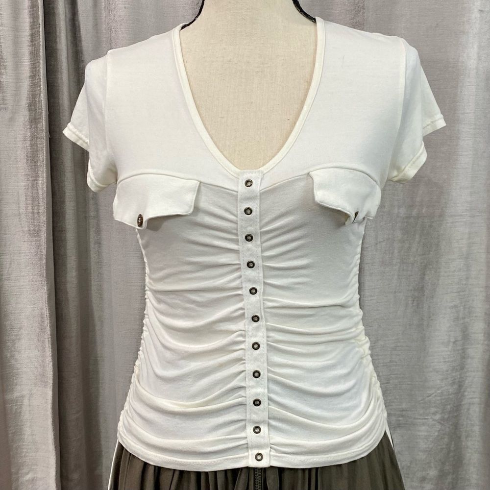 SHARAGANO Ruched Stretchy White Bodycon Button Top y2k